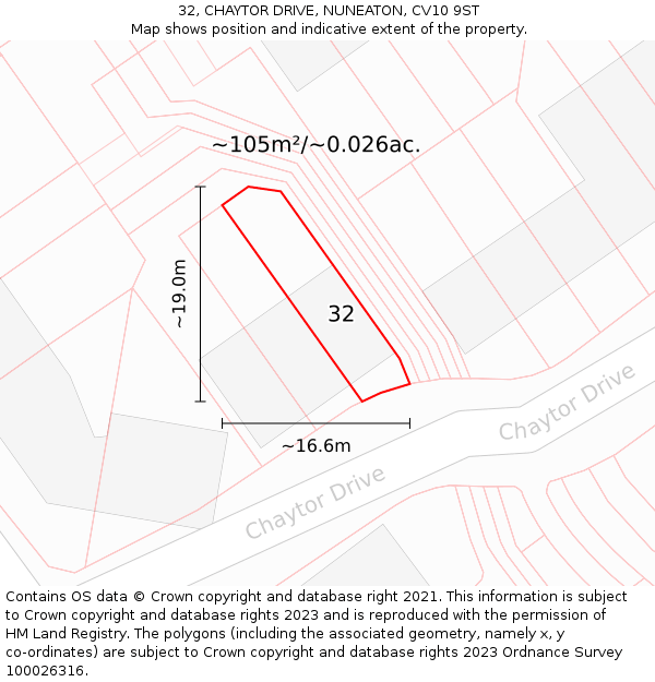 32, CHAYTOR DRIVE, NUNEATON, CV10 9ST: Plot and title map