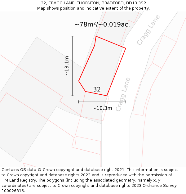 32, CRAGG LANE, THORNTON, BRADFORD, BD13 3SP: Plot and title map