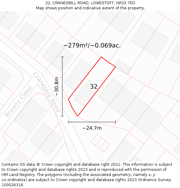 32, CRANESBILL ROAD, LOWESTOFT, NR33 7ED: Plot and title map