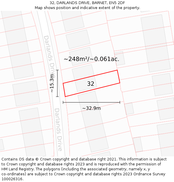 32, DARLANDS DRIVE, BARNET, EN5 2DF: Plot and title map
