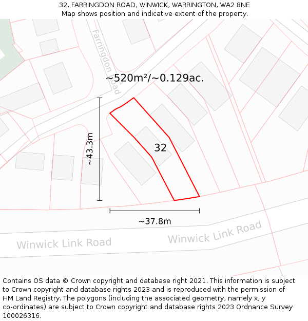 32, FARRINGDON ROAD, WINWICK, WARRINGTON, WA2 8NE: Plot and title map