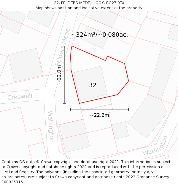 32, FELDERS MEDE, HOOK, RG27 9TX: Plot and title map