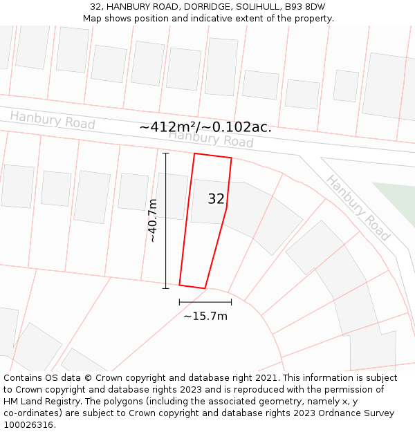 32, HANBURY ROAD, DORRIDGE, SOLIHULL, B93 8DW: Plot and title map