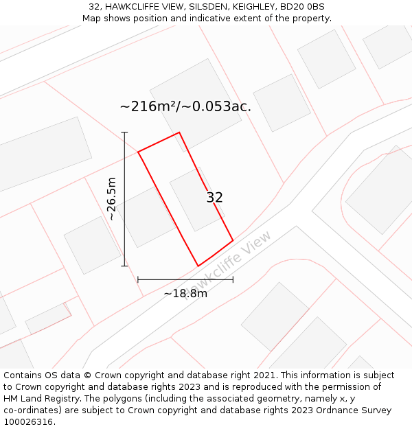 32, HAWKCLIFFE VIEW, SILSDEN, KEIGHLEY, BD20 0BS: Plot and title map