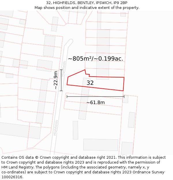 32, HIGHFIELDS, BENTLEY, IPSWICH, IP9 2BP: Plot and title map