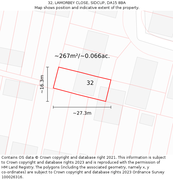 32, LAMORBEY CLOSE, SIDCUP, DA15 8BA: Plot and title map