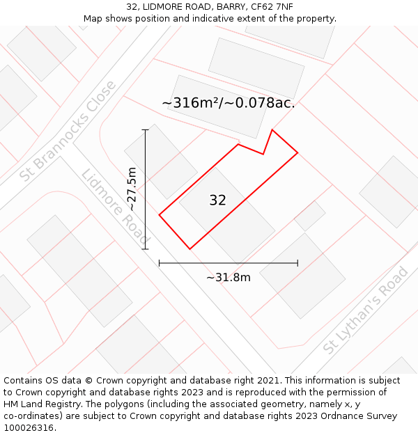 32, LIDMORE ROAD, BARRY, CF62 7NF: Plot and title map