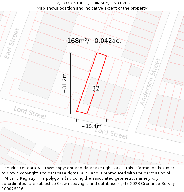 32, LORD STREET, GRIMSBY, DN31 2LU: Plot and title map