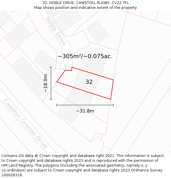 32, NOBLE DRIVE, CAWSTON, RUGBY, CV22 7FL: Plot and title map