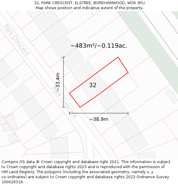32, PARK CRESCENT, ELSTREE, BOREHAMWOOD, WD6 3PU: Plot and title map