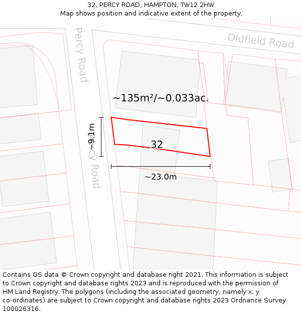 32, PERCY ROAD, HAMPTON, TW12 2HW: Plot and title map