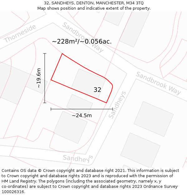 32, SANDHEYS, DENTON, MANCHESTER, M34 3TQ: Plot and title map