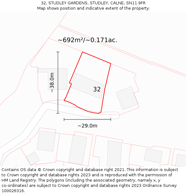 32, STUDLEY GARDENS, STUDLEY, CALNE, SN11 9FR: Plot and title map