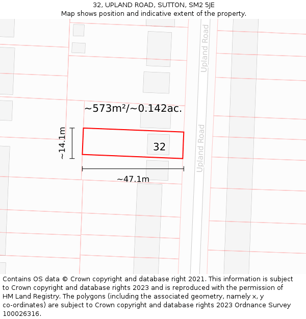 32, UPLAND ROAD, SUTTON, SM2 5JE: Plot and title map