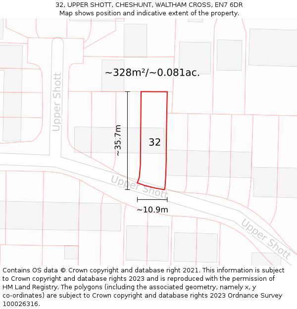 32, UPPER SHOTT, CHESHUNT, WALTHAM CROSS, EN7 6DR: Plot and title map
