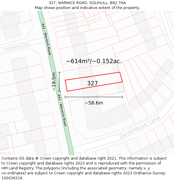 327, WARWICK ROAD, SOLIHULL, B92 7AA: Plot and title map