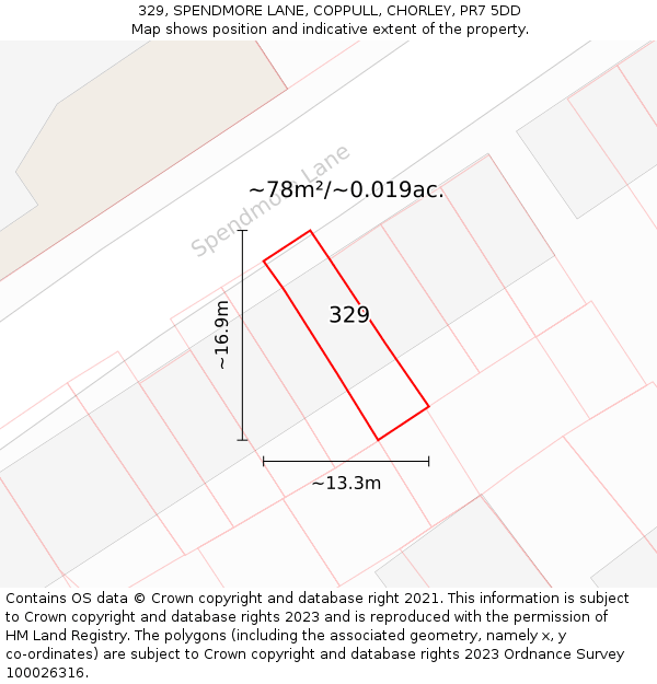 329, SPENDMORE LANE, COPPULL, CHORLEY, PR7 5DD: Plot and title map