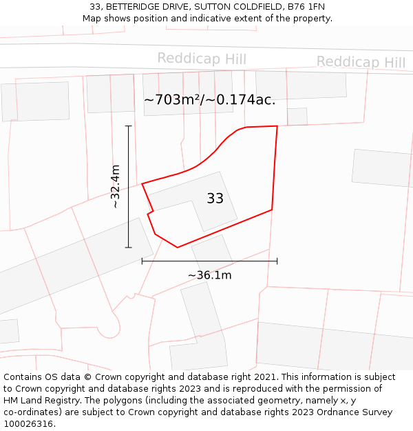 33, BETTERIDGE DRIVE, SUTTON COLDFIELD, B76 1FN: Plot and title map