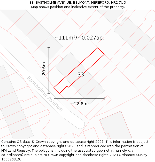 33, EASTHOLME AVENUE, BELMONT, HEREFORD, HR2 7UQ: Plot and title map