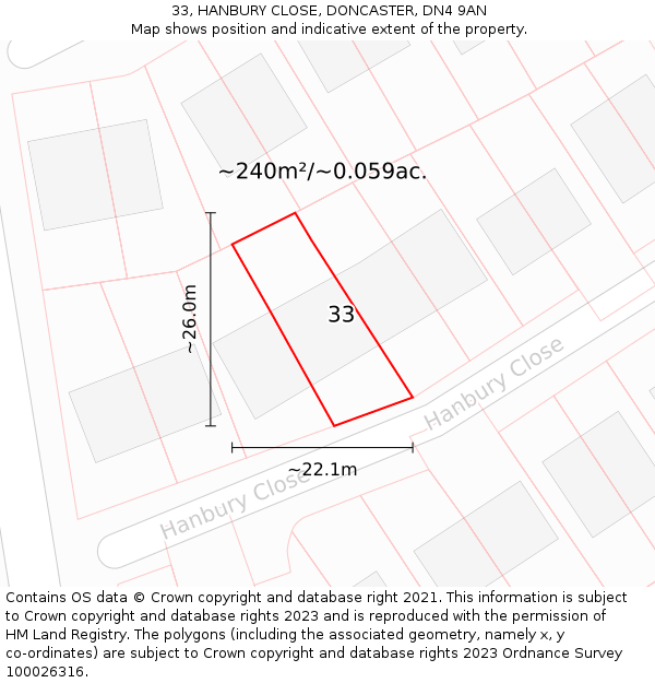 33, HANBURY CLOSE, DONCASTER, DN4 9AN: Plot and title map