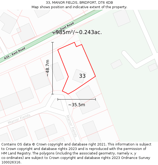 33, MANOR FIELDS, BRIDPORT, DT6 4DB: Plot and title map