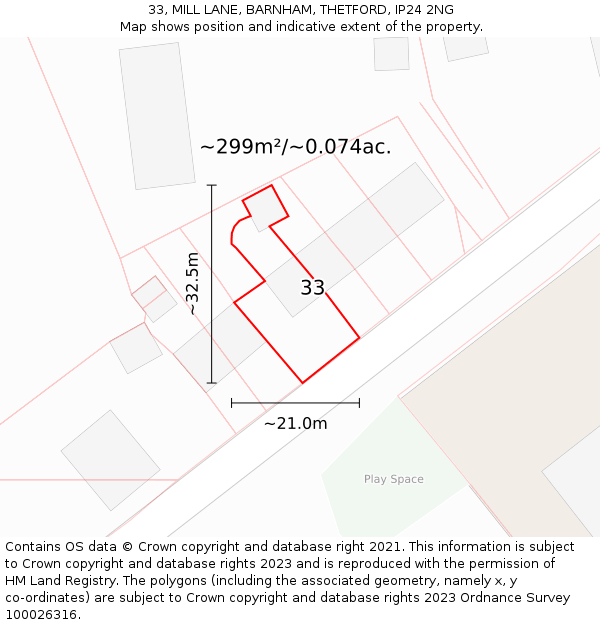 33, MILL LANE, BARNHAM, THETFORD, IP24 2NG: Plot and title map