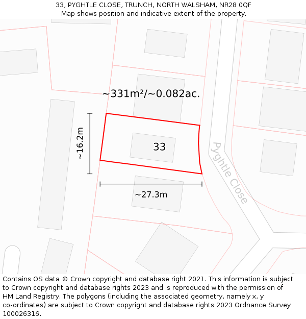 33, PYGHTLE CLOSE, TRUNCH, NORTH WALSHAM, NR28 0QF: Plot and title map