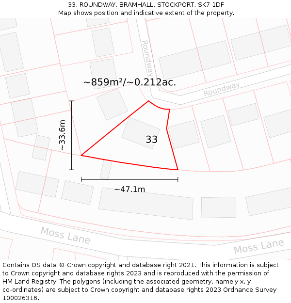 33, ROUNDWAY, BRAMHALL, STOCKPORT, SK7 1DF: Plot and title map