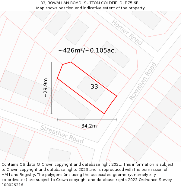 33, ROWALLAN ROAD, SUTTON COLDFIELD, B75 6RH: Plot and title map