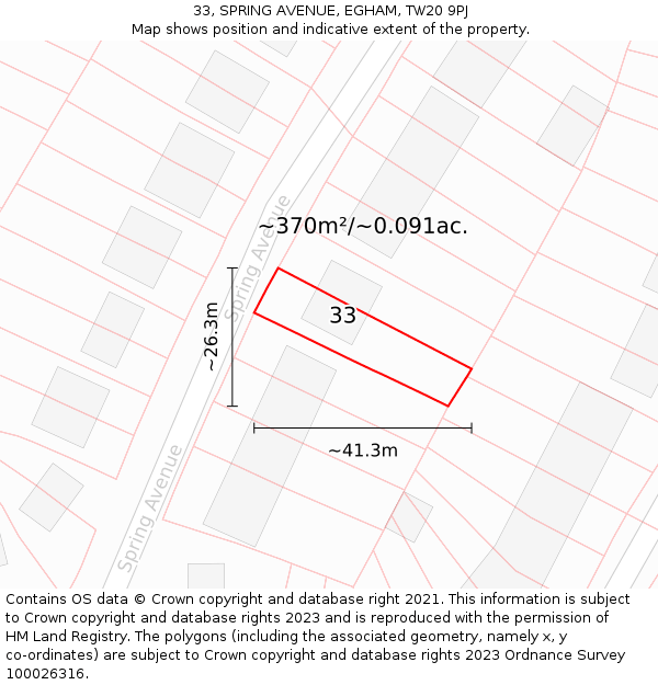 33, SPRING AVENUE, EGHAM, TW20 9PJ: Plot and title map