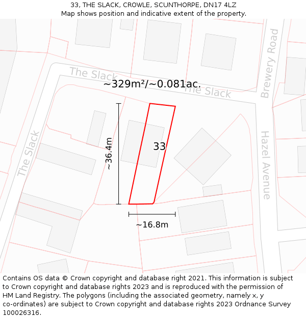 33, THE SLACK, CROWLE, SCUNTHORPE, DN17 4LZ: Plot and title map