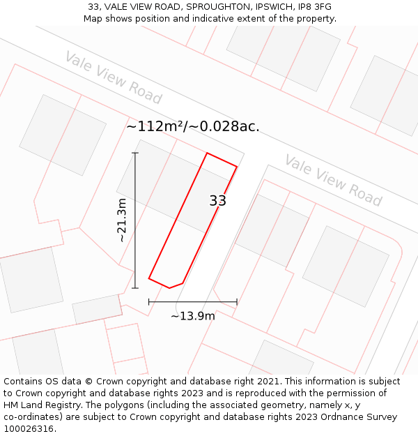 33, VALE VIEW ROAD, SPROUGHTON, IPSWICH, IP8 3FG: Plot and title map