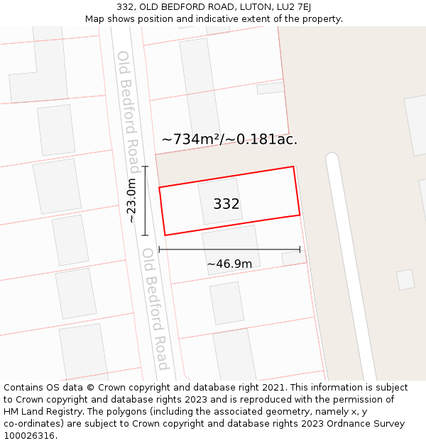 332, OLD BEDFORD ROAD, LUTON, LU2 7EJ: Plot and title map