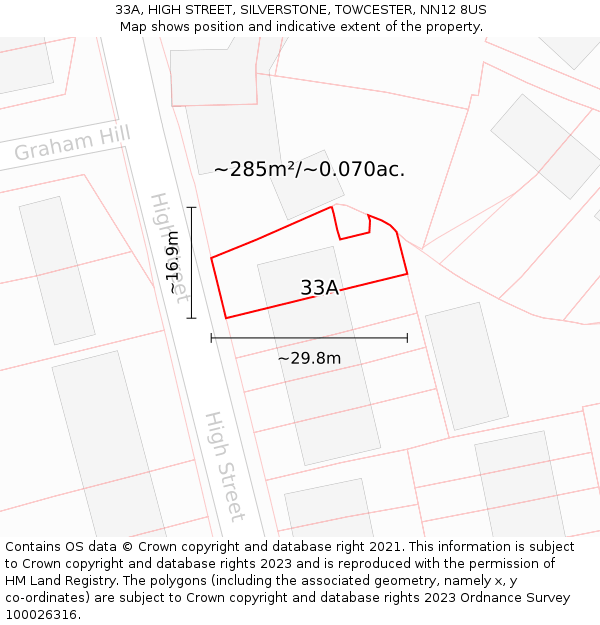 33A, HIGH STREET, SILVERSTONE, TOWCESTER, NN12 8US: Plot and title map