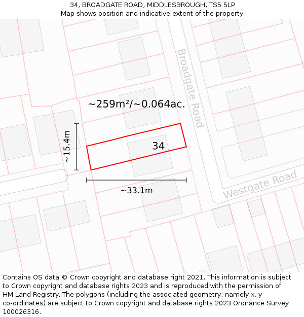 34, BROADGATE ROAD, MIDDLESBROUGH, TS5 5LP: Plot and title map