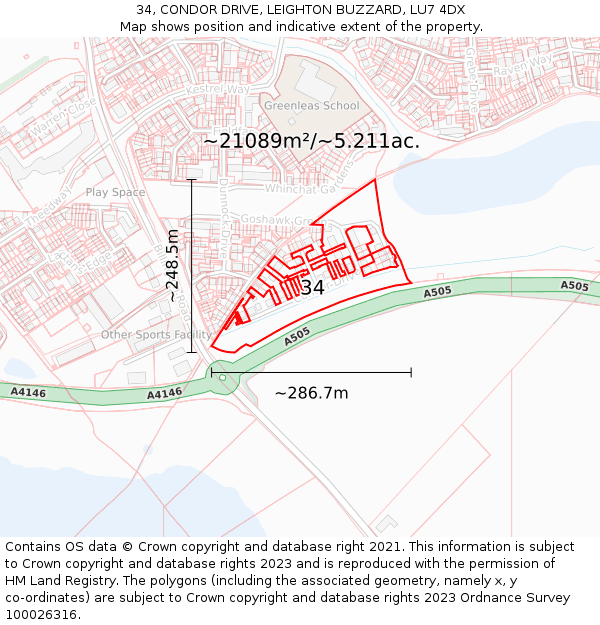 34, CONDOR DRIVE, LEIGHTON BUZZARD, LU7 4DX: Plot and title map