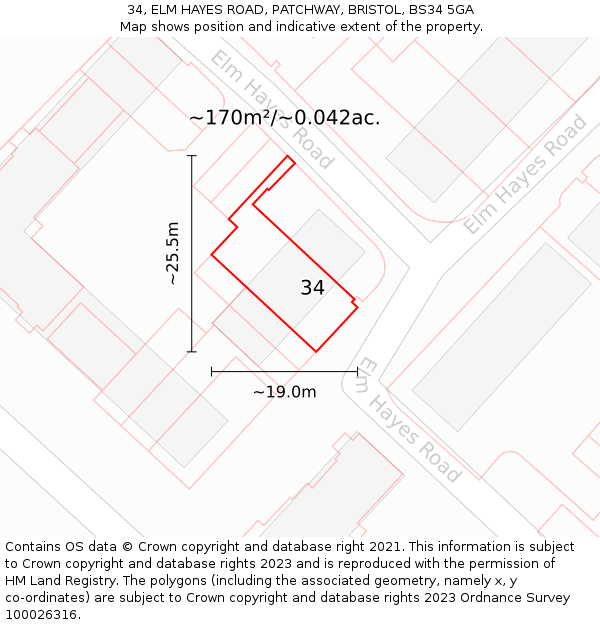 34, ELM HAYES ROAD, PATCHWAY, BRISTOL, BS34 5GA: Plot and title map