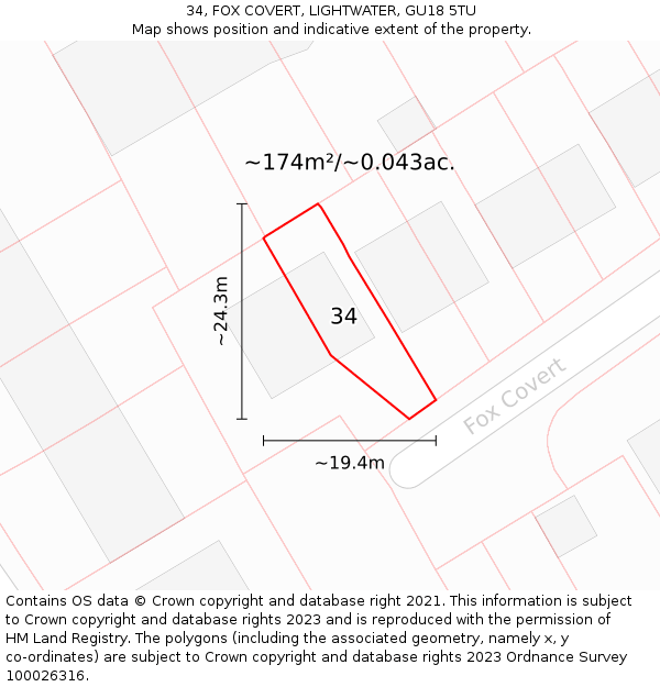 34, FOX COVERT, LIGHTWATER, GU18 5TU: Plot and title map
