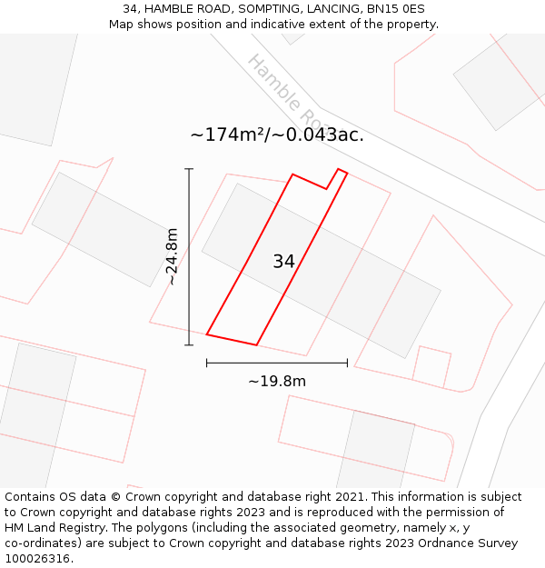 34, HAMBLE ROAD, SOMPTING, LANCING, BN15 0ES: Plot and title map