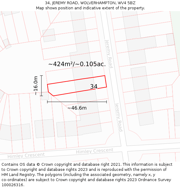 34, JEREMY ROAD, WOLVERHAMPTON, WV4 5BZ: Plot and title map