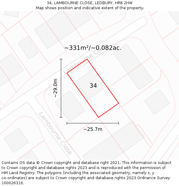 34, LAMBOURNE CLOSE, LEDBURY, HR8 2HW: Plot and title map
