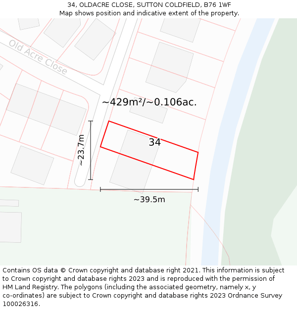 34, OLDACRE CLOSE, SUTTON COLDFIELD, B76 1WF: Plot and title map