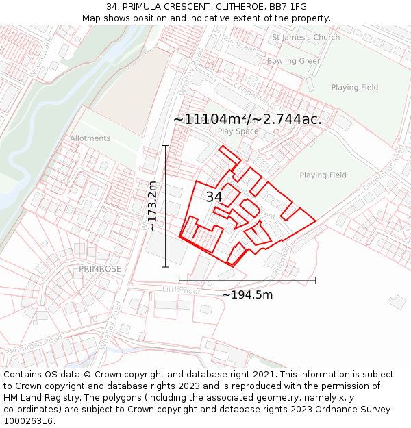 34, PRIMULA CRESCENT, CLITHEROE, BB7 1FG: Plot and title map