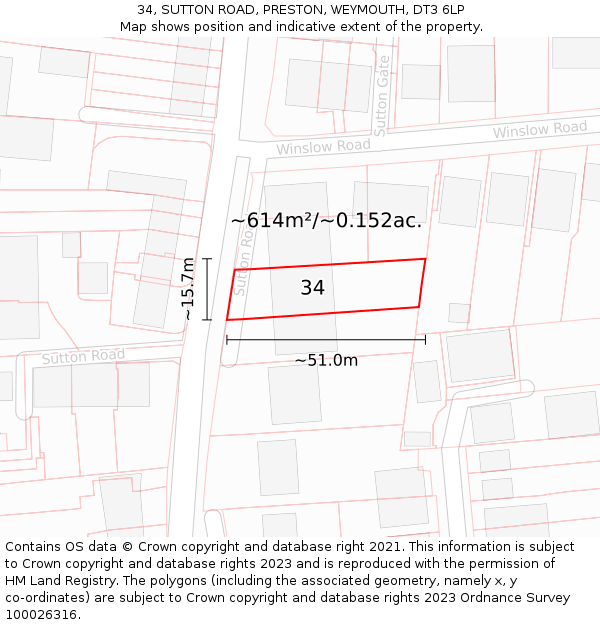 34, SUTTON ROAD, PRESTON, WEYMOUTH, DT3 6LP: Plot and title map