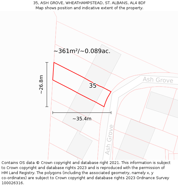 35, ASH GROVE, WHEATHAMPSTEAD, ST. ALBANS, AL4 8DF: Plot and title map