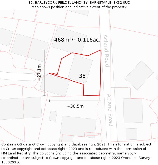 35, BARLEYCORN FIELDS, LANDKEY, BARNSTAPLE, EX32 0UD: Plot and title map