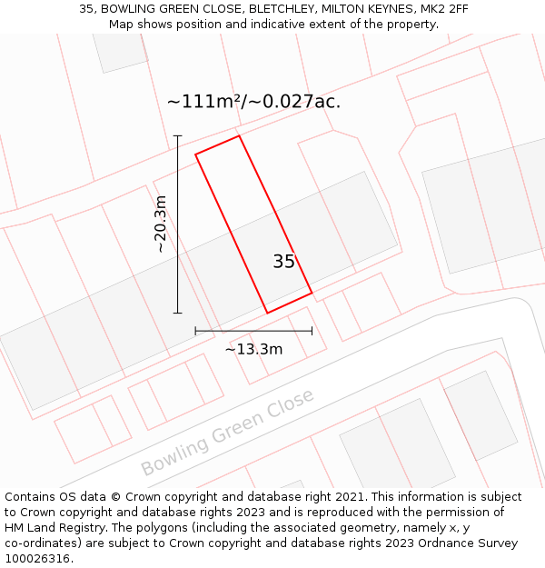 35, BOWLING GREEN CLOSE, BLETCHLEY, MILTON KEYNES, MK2 2FF: Plot and title map