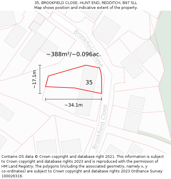 35, BROOKFIELD CLOSE, HUNT END, REDDITCH, B97 5LL: Plot and title map