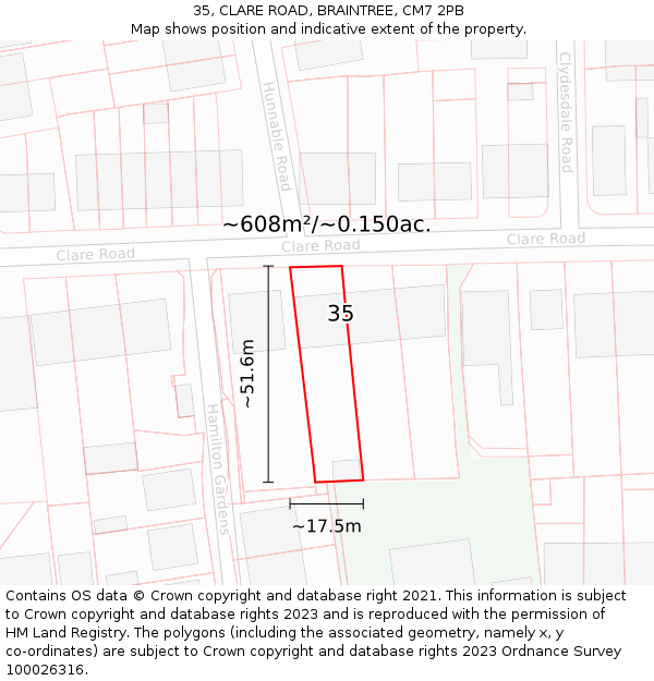 35, CLARE ROAD, BRAINTREE, CM7 2PB: Plot and title map