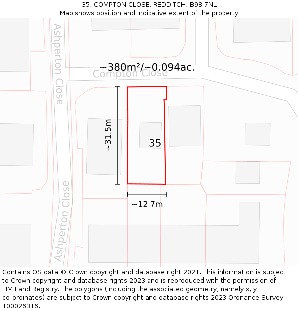 35, COMPTON CLOSE, REDDITCH, B98 7NL: Plot and title map
